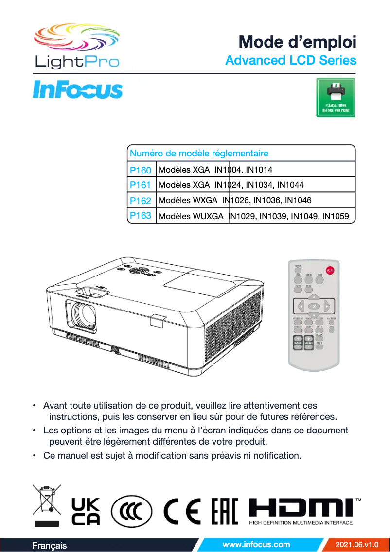 Page 1 de la notice Manuel utilisateur InFocus LightPro IN1044