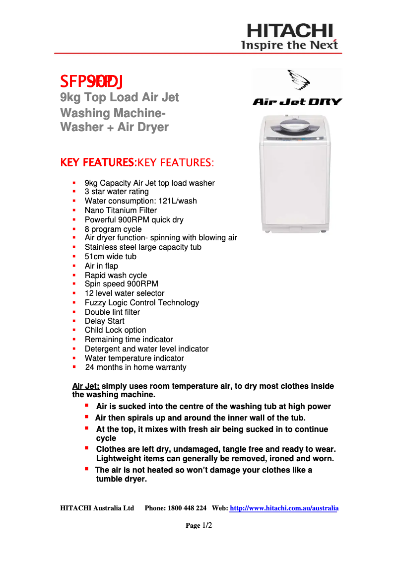 Page 1 de la notice Fiche technique Hitachi SF-P90DJ