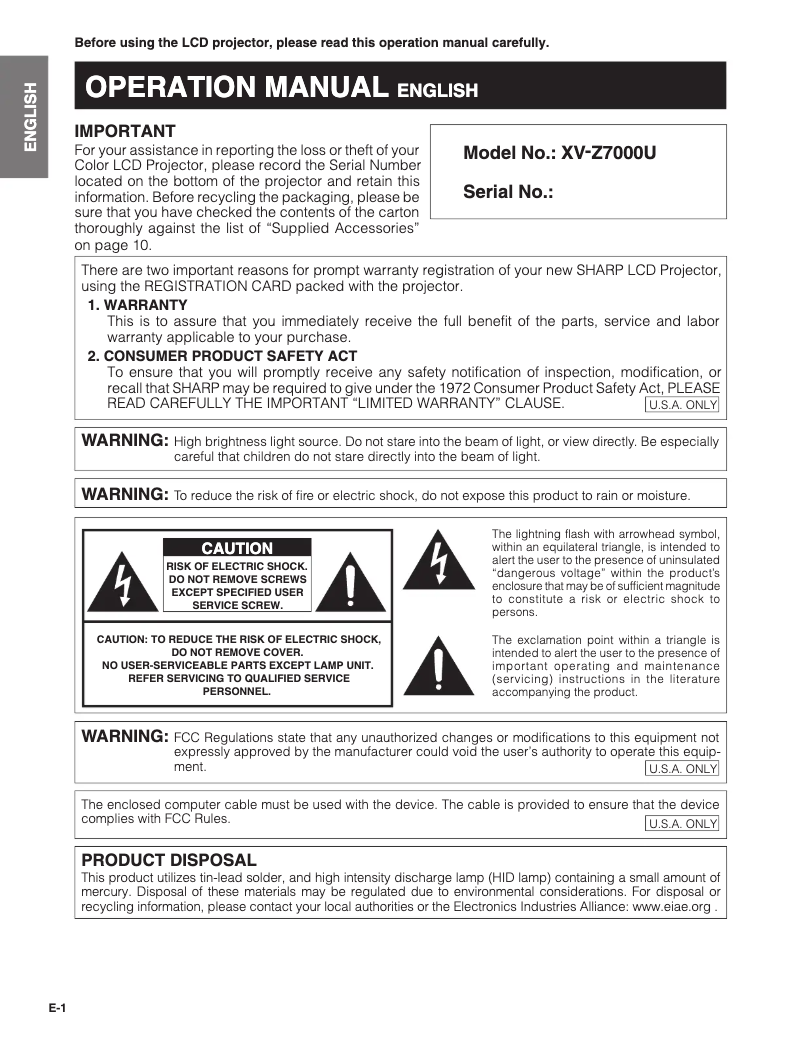 Image de la première page du manuel de l'appareil XV-Z7000U