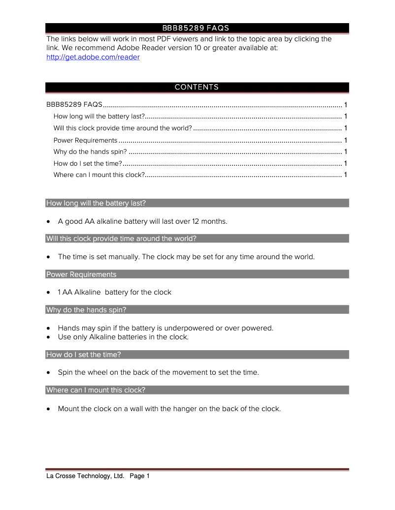 Page 1 de la notice FAQ La Crosse Technology BBB85289