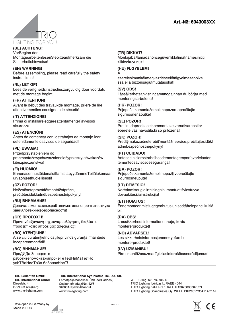 Page 1 de la notice Manuel utilisateur Trio Lighting Claire 604300301