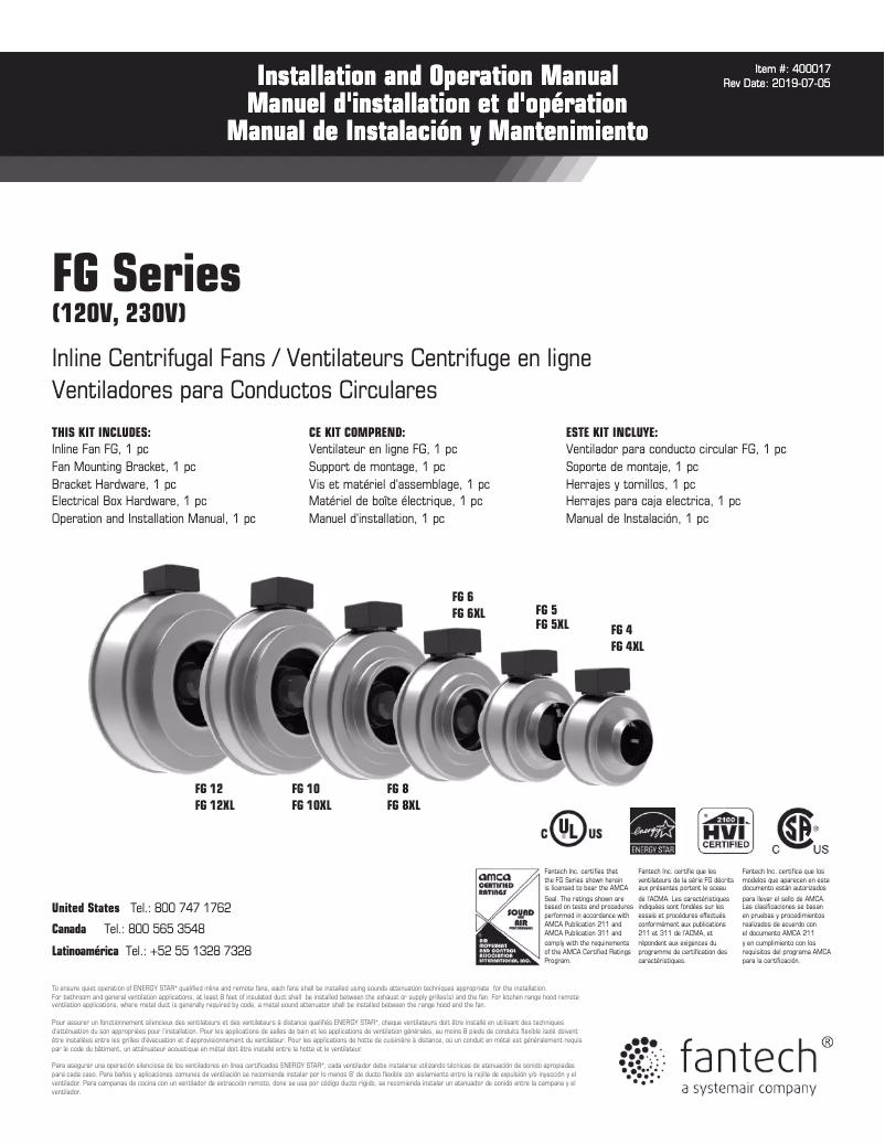 Page 1 de la notice Manuel utilisateur Fantech FG6XL