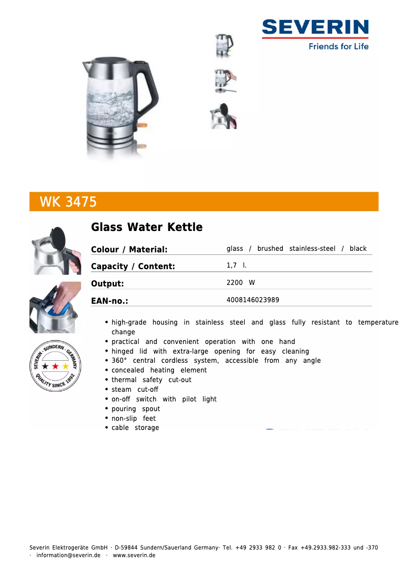 Page 1 de la notice Fiche technique Severin WK 3475
