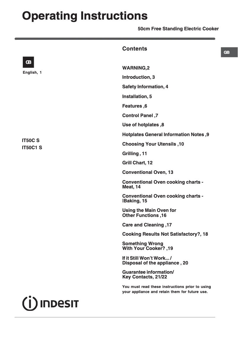Page 1 de la notice Manuel utilisateur Indesit IT50C1XX S