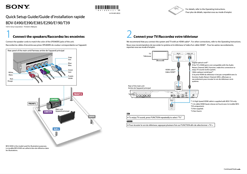 Page 1 de la notice Guide d'installation Sony BDV-E190