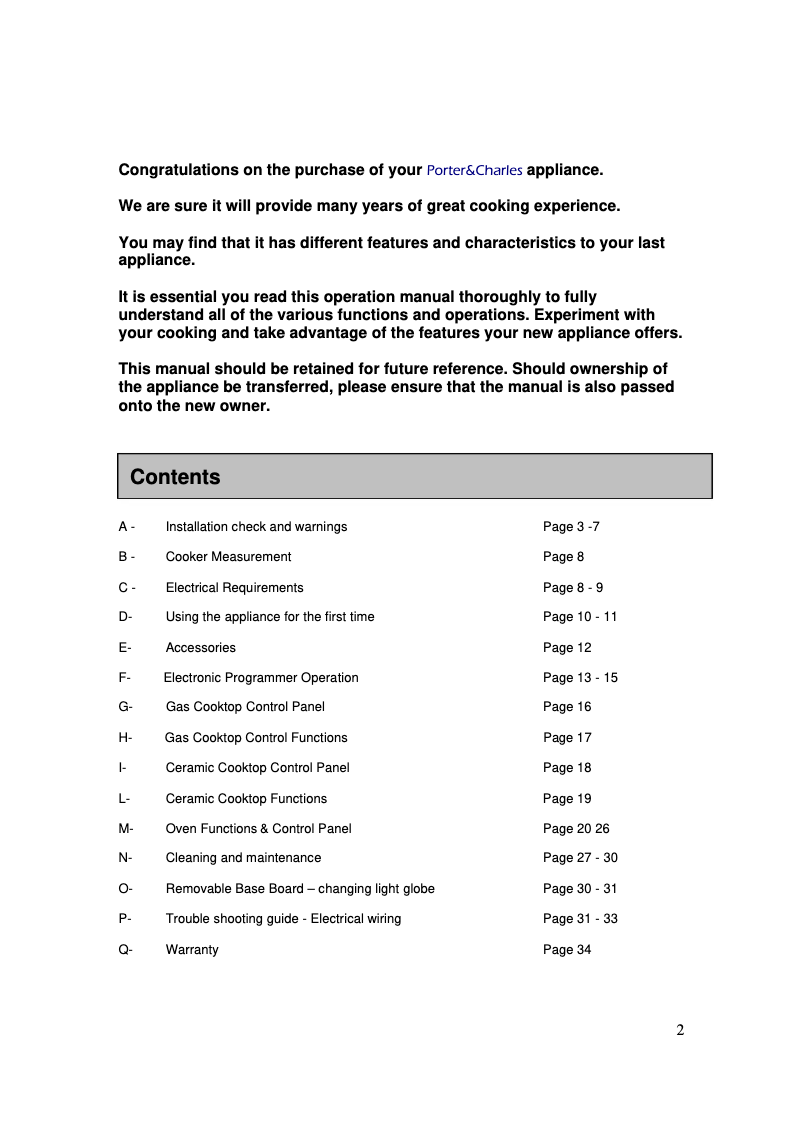 Page 1 de la notice Manuel utilisateur Porter & Charles FEG90B3