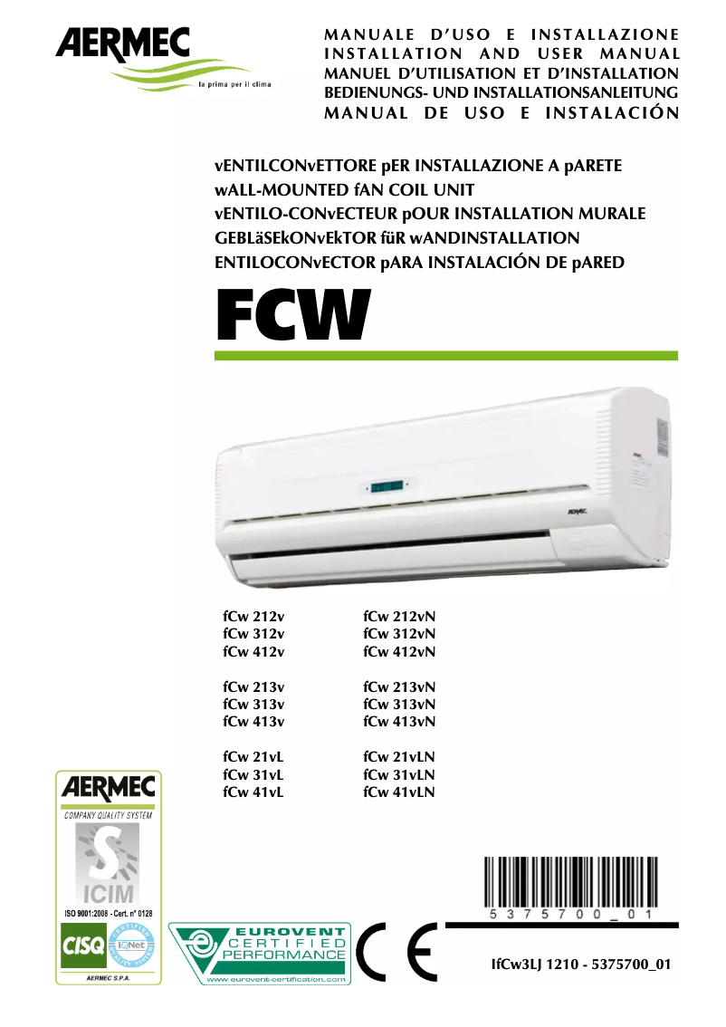 Page 1 de la notice Manuel utilisateur Aermec FCW 212V