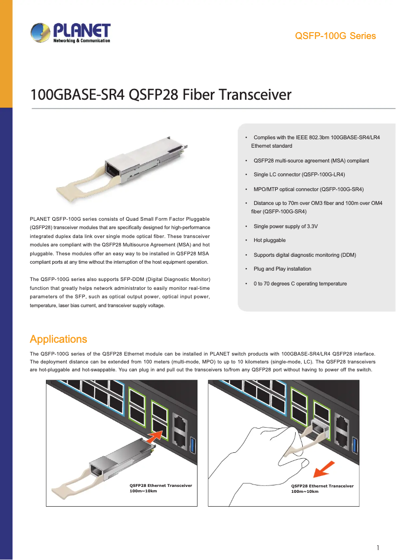 Page 1 de la notice Fiche technique Planet QSFP-100G-SR4