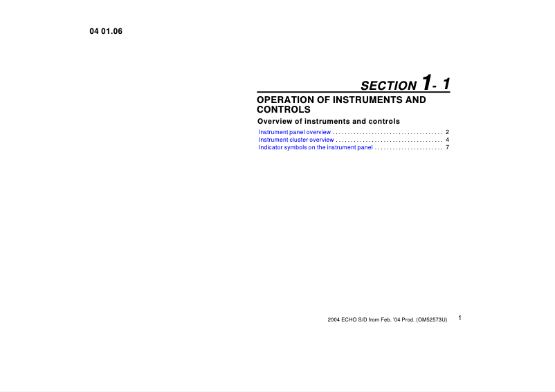 Page 1 de la notice Manuel utilisateur Toyota Echo (2004)