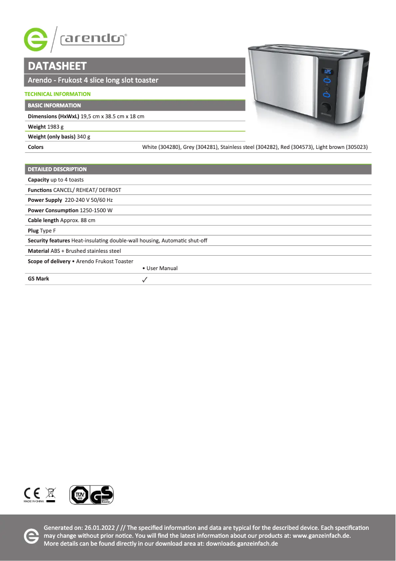 Page 1 de la notice Fiche technique Arendo Frukost 305023