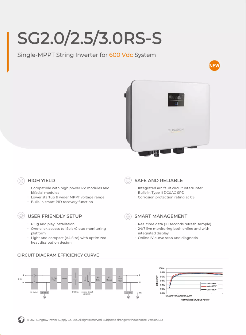 Page 1 de la notice Fiche technique Sungrow SH3.0RS