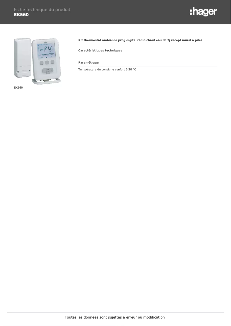 Page n°1 - Fiche technique Hager EK560