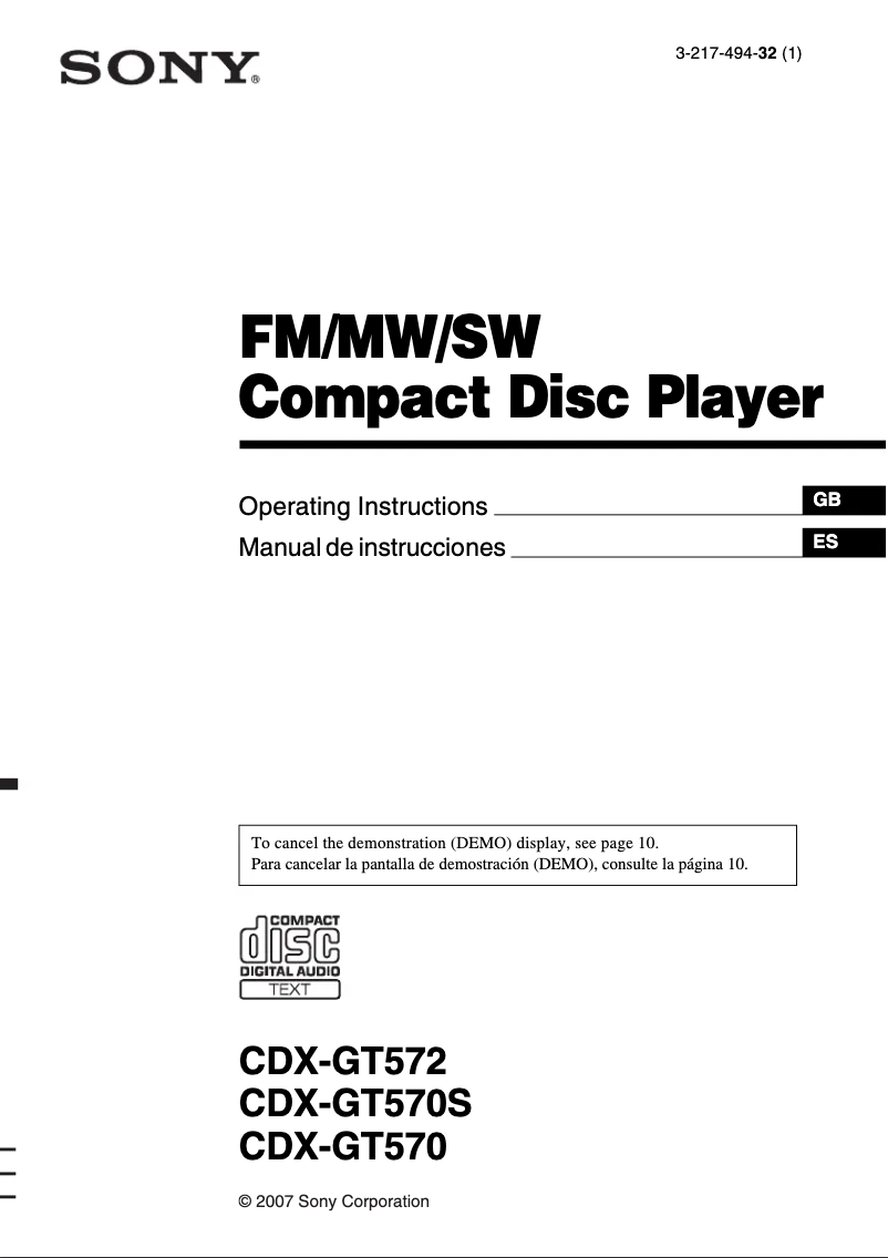 Page 1 de la notice Manuel utilisateur Sony CDX-GT570