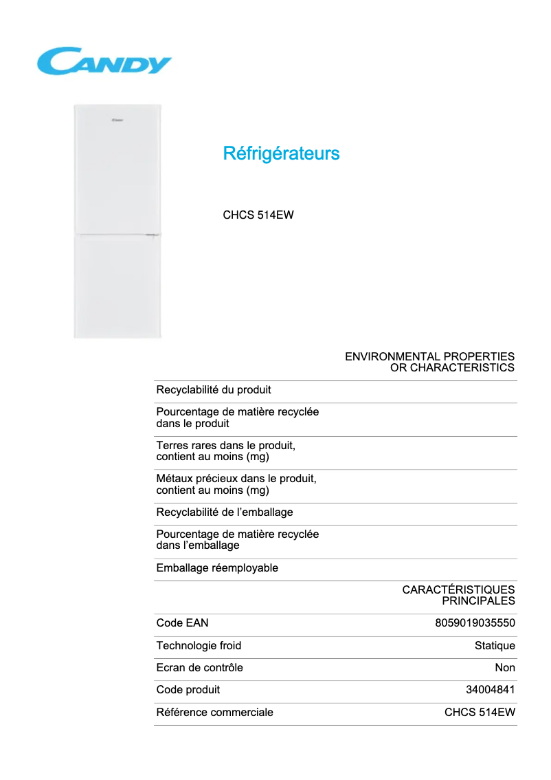 Page 1 de la notice Fiche technique Candy CHCS 514EW