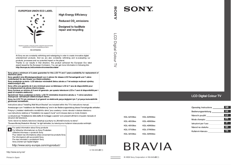 Page 1 de la notice Manuel utilisateur Sony Bravia KDL-37V5810