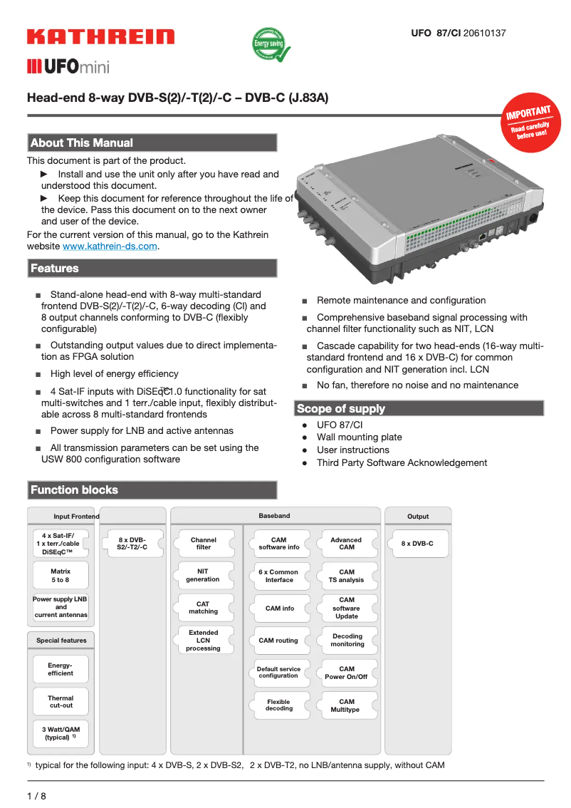Page 1 de la notice Manuel utilisateur Kathrein UFO 87/CI