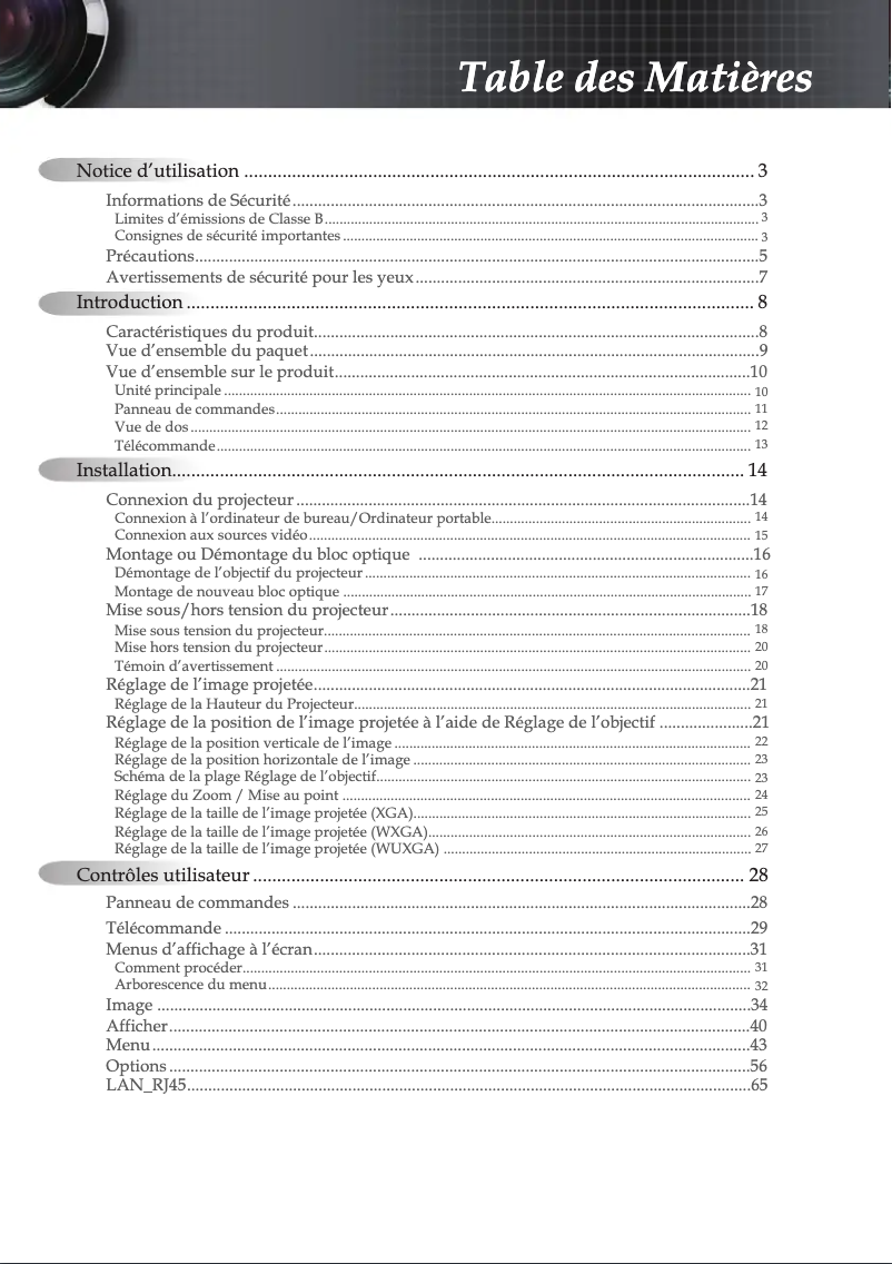 Page n°1 - Manuel utilisateur Optoma W505