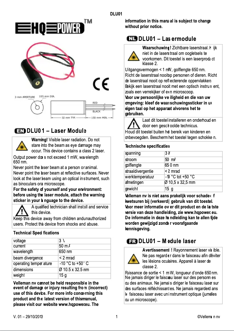 Page 1 de la notice Manuel utilisateur HQ Power DLU01