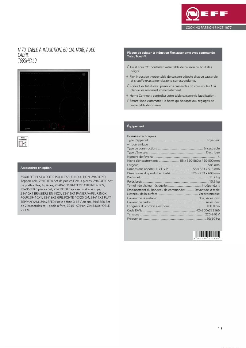 Page 1 de la notice Fiche technique Neff T66SHE4L0