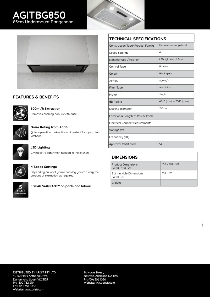 Page 1 de la notice Fiche technique Tisira AGITBG850