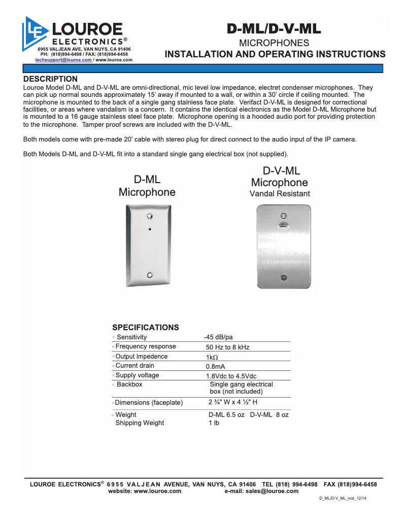 Page 1 de la notice Manuel utilisateur Louroe Electronics DV-ML