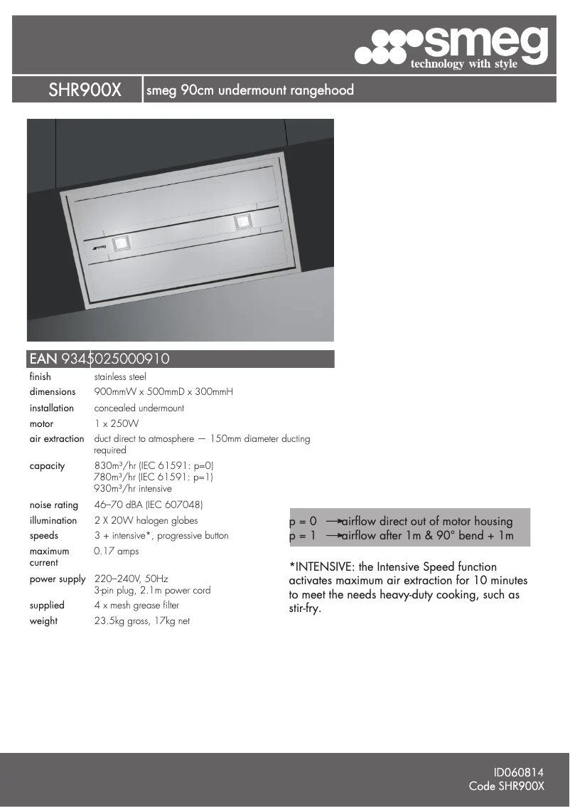 Page 1 de la notice Fiche technique Smeg SHR900X