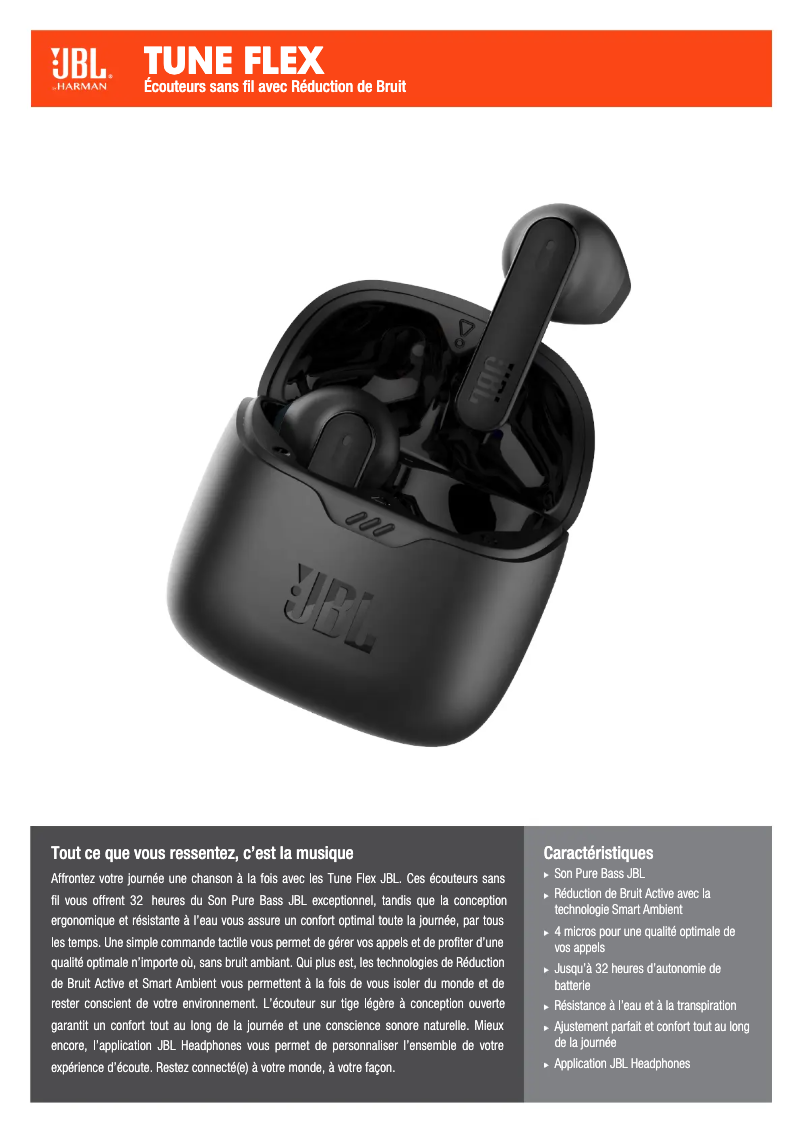 Page 1 de la notice Fiche technique JBL Tune Flex