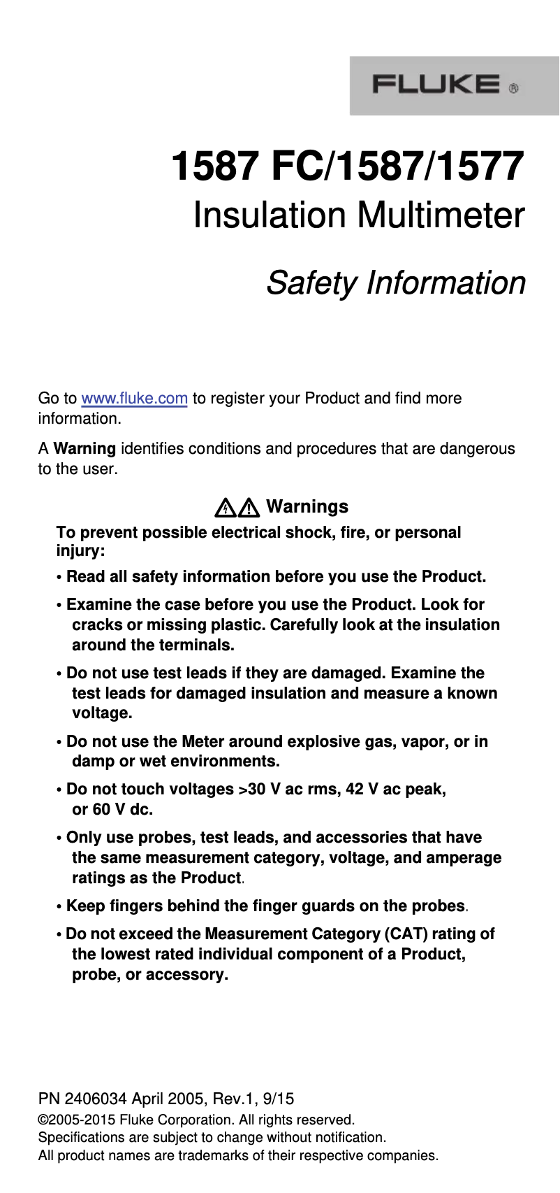 Page n°1 - Instructions de sécurité Fluke 1577