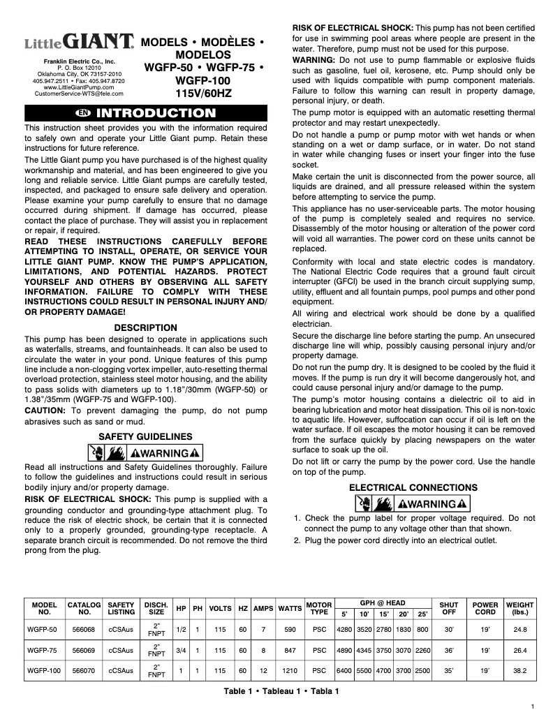 Page n°1 - Manuel utilisateur Little Giant WGFP-75