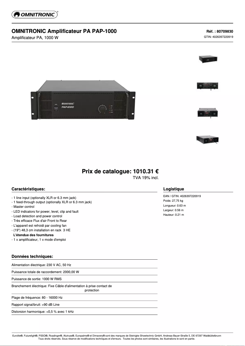 Page n°1 - Fiche technique Omnitronic PAP-1000