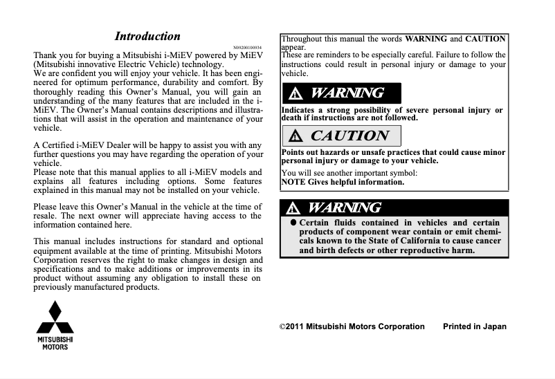 Page 1 de la notice Manuel utilisateur Mitsubishi i-MiEV (2012)