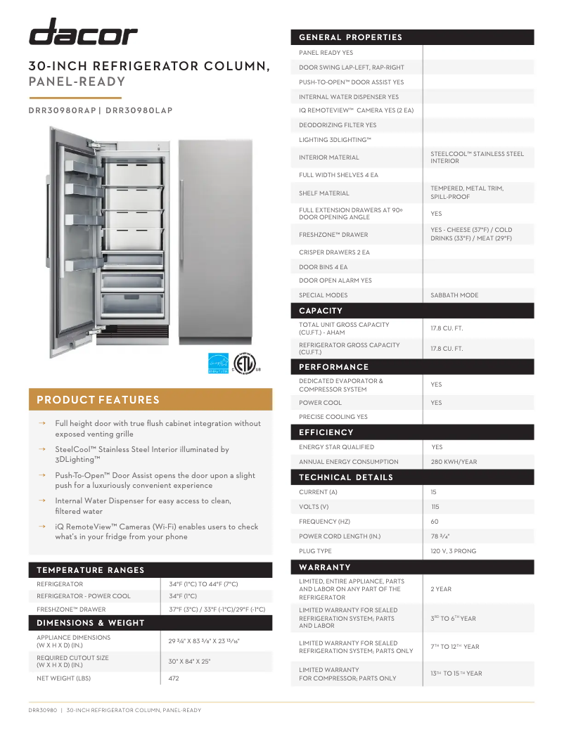 Page 1 de la notice Fiche technique Dacor DRR30980LAP