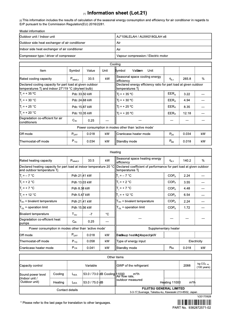 Page 1 de la notice Fiche technique Fujitsu Airstage AJY108LELAH