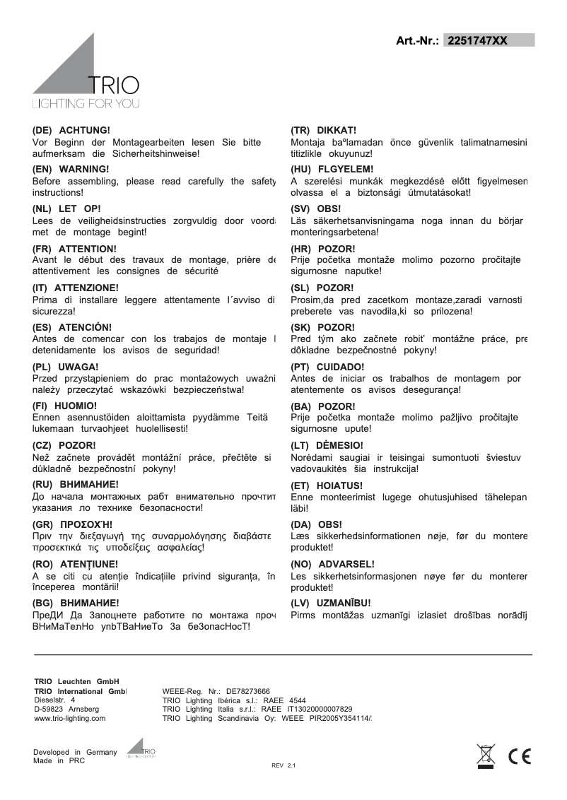 Page 1 de la notice Manuel utilisateur Trio Lighting Concha 225174742