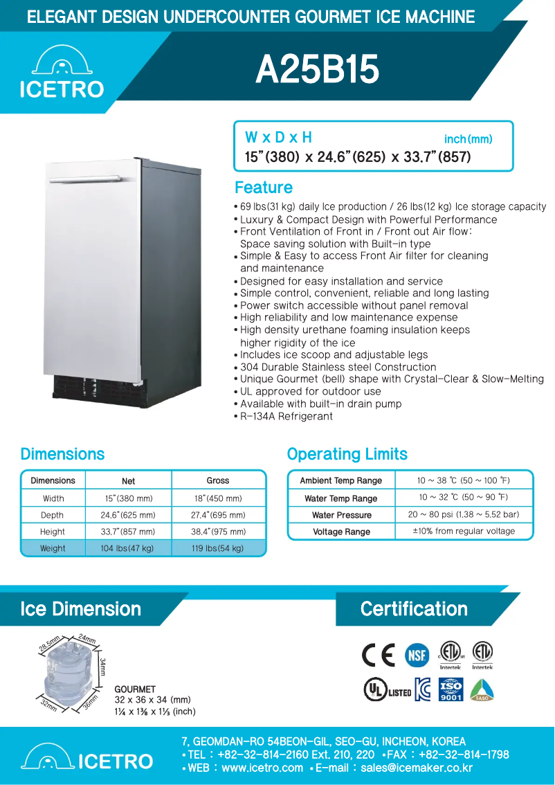 Page 1 de la notice Fiche technique Icetro A25B15