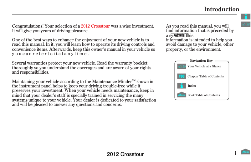 Page 1 de la notice Manuel utilisateur Honda Crosstour (2012)