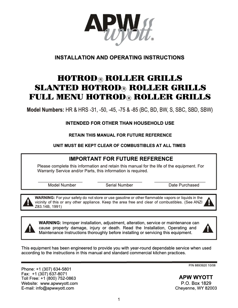 Página 1 del manual Manual de usuario APW Wyott HRS-31SBC