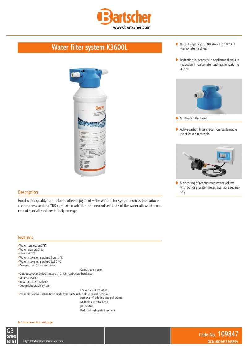 Page 1 de la notice Fiche technique Bartscher K3600L