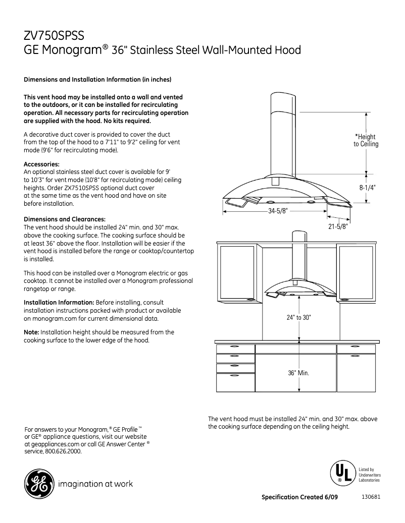 Page 1 de la notice Fiche technique Monogram ZV750SPSS