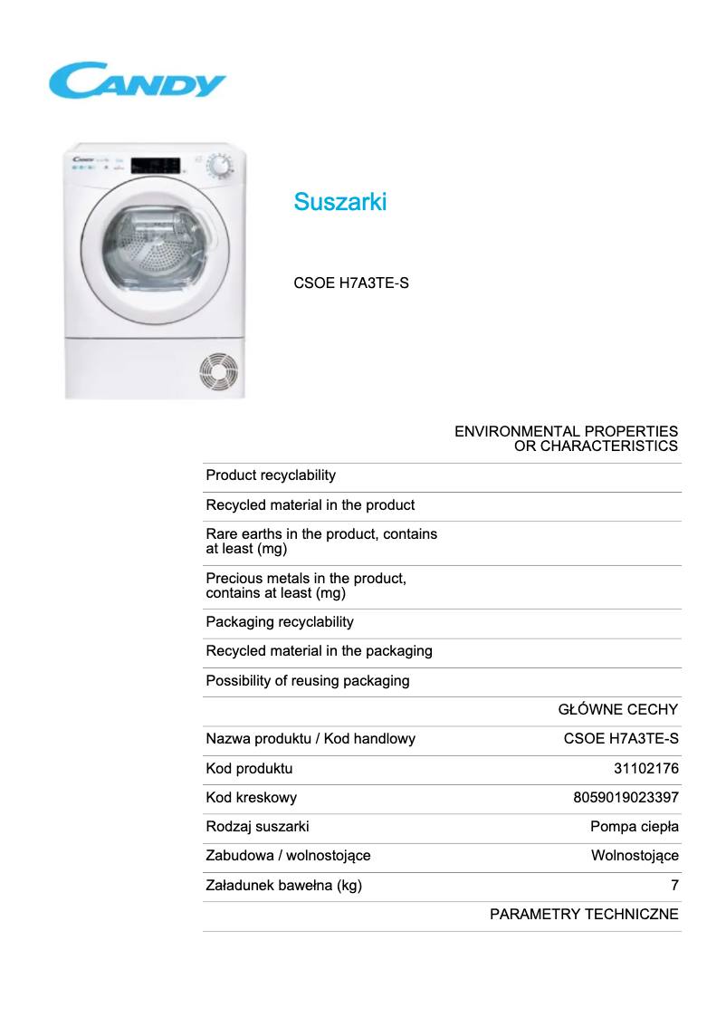 Page 1 de la notice Fiche technique Candy CSOE H7A3TE