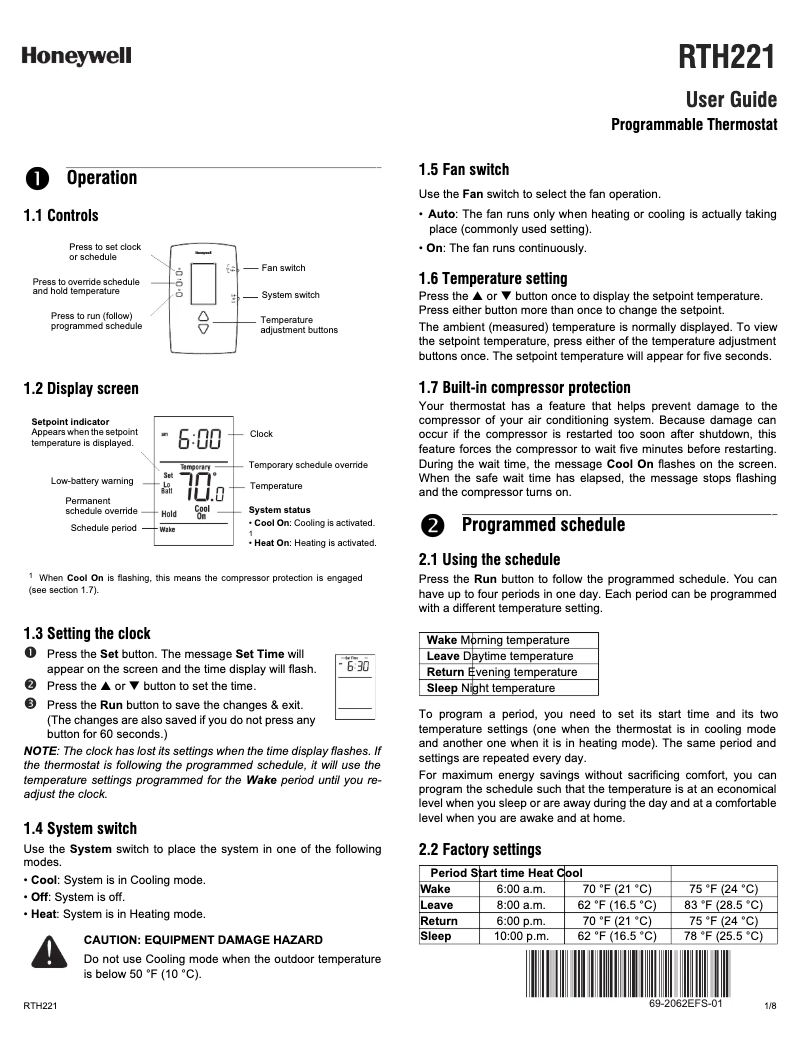 Page n°1 - Manuel utilisateur Honeywell RTH221