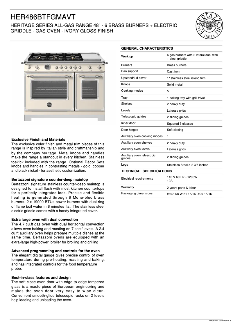 Page 1 de la notice Fiche technique Bertazzoni HER486BTFGMAVT