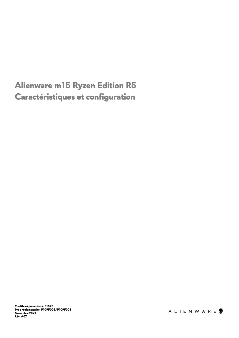 Page 1 de la notice Guide d'installation Alienware m15 Ryzen Edition R5