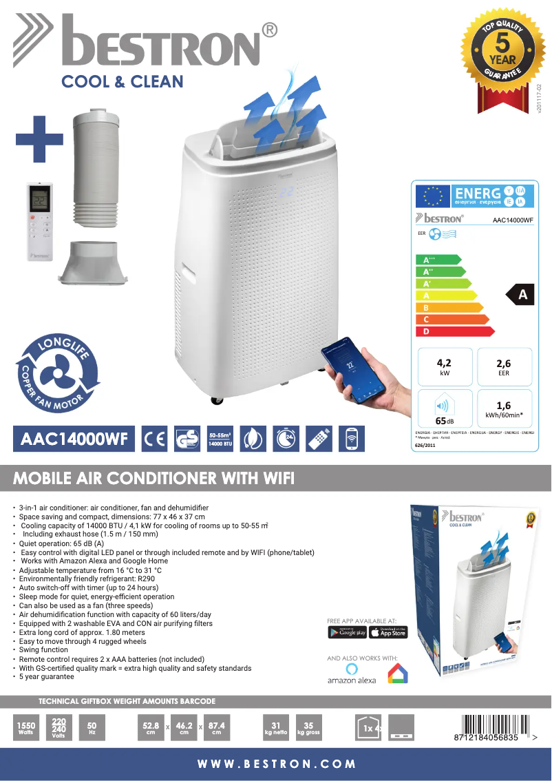 Page n°1 - Fiche technique Bestron Cool & Clean AAC14000WF