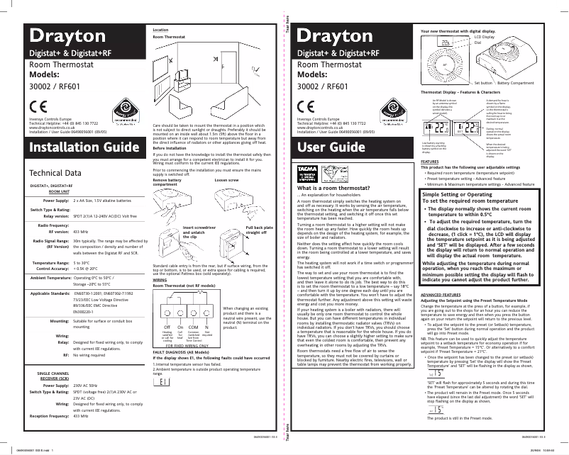 Page 1 de la notice Manuel utilisateur Drayton Digistat +RF3