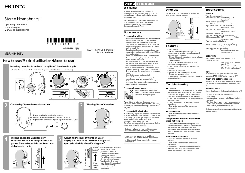 Página 1 del manual Manual de usuario Sony MDR-XB450BV