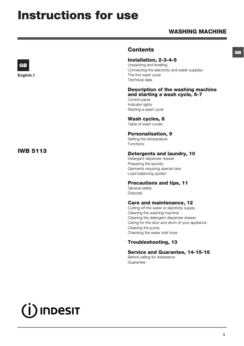 Página 1 del manual Manual de usuario Indesit IWB 5113 (UK)