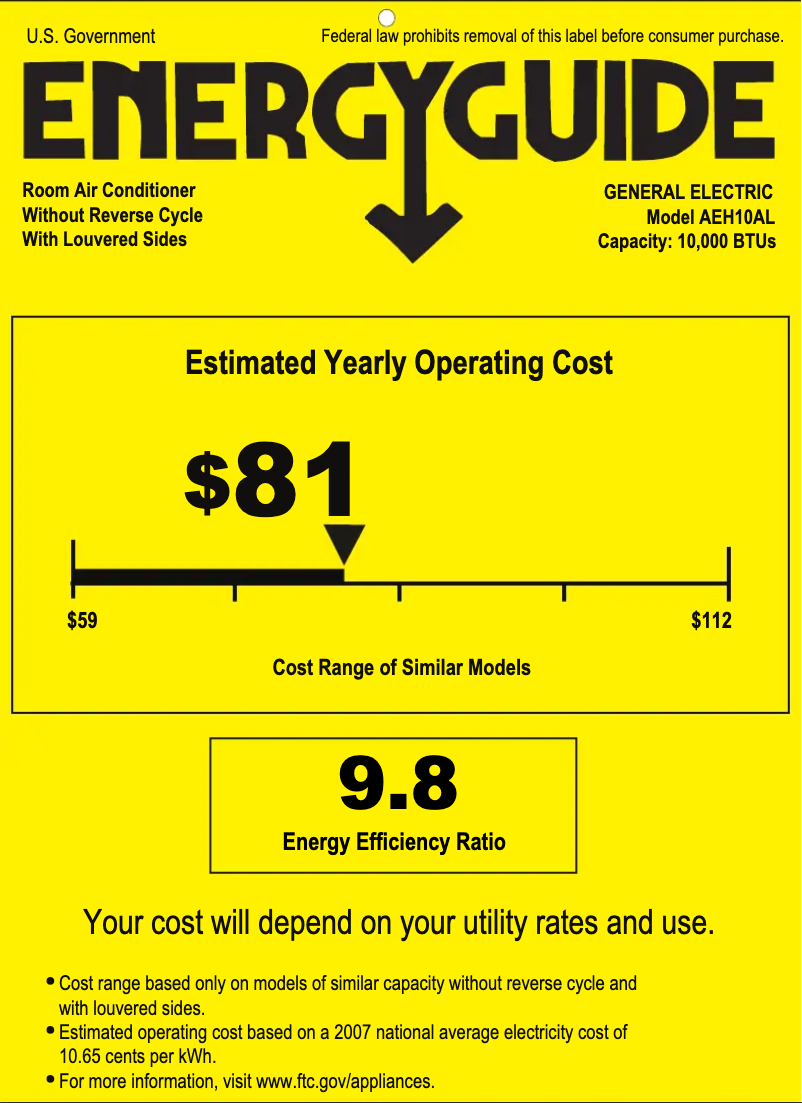 Page 1 de la notice Label énergétique GE AEH10AL