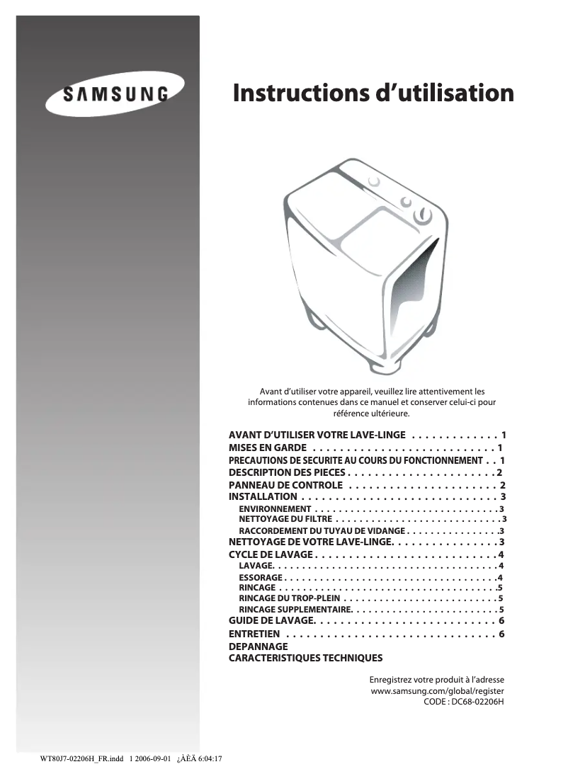 Page 1 de la notice Manuel utilisateur Samsung WT89J7P