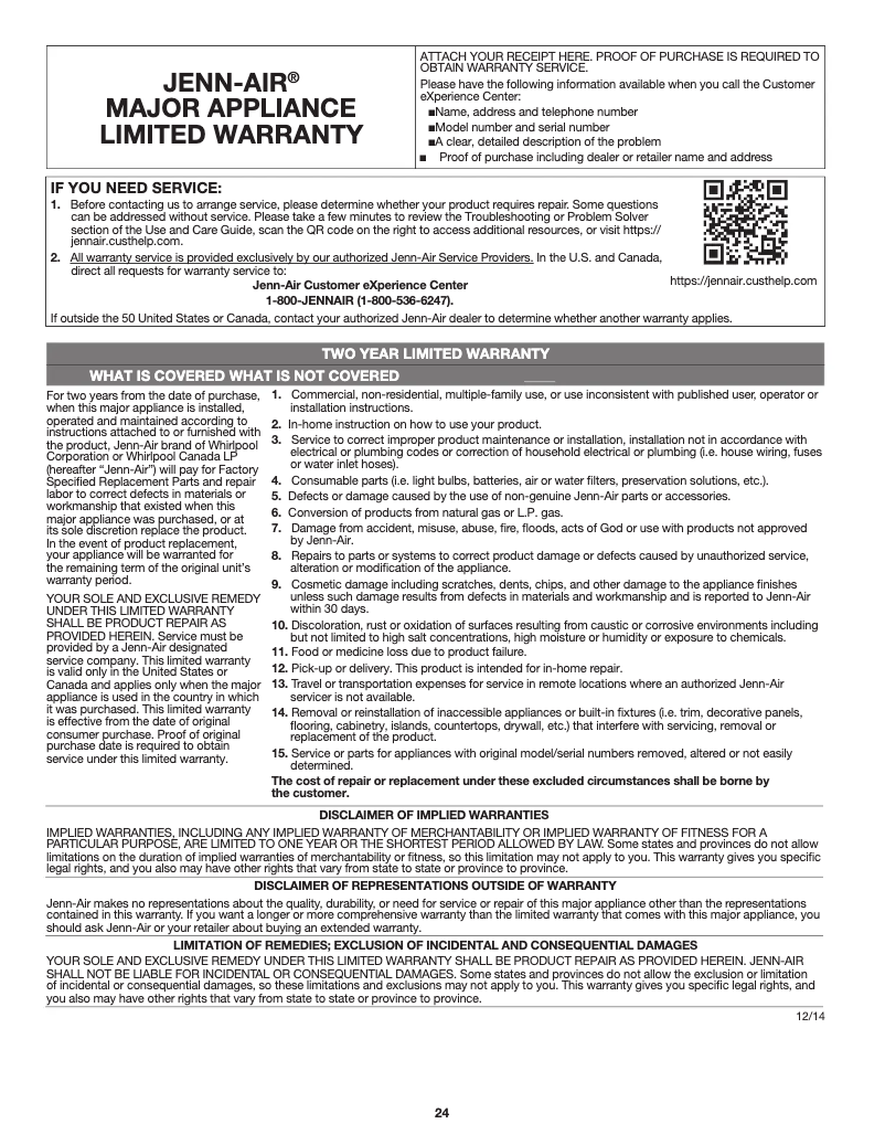 Page 1 de la notice Informations de garantie JennAir JDS1450CFS